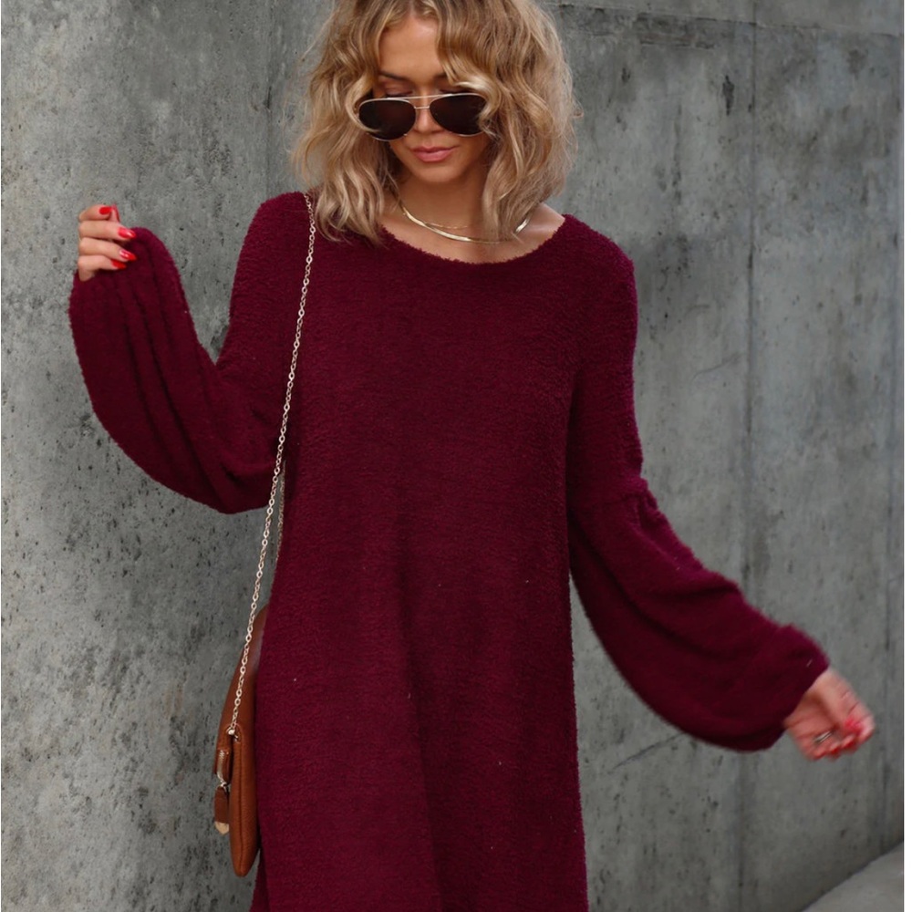 ❄️Vici Dolls WINTER DATE NIGHT CHENILLE BALLOON SLEEVE MINI DRESS - WINE❄️